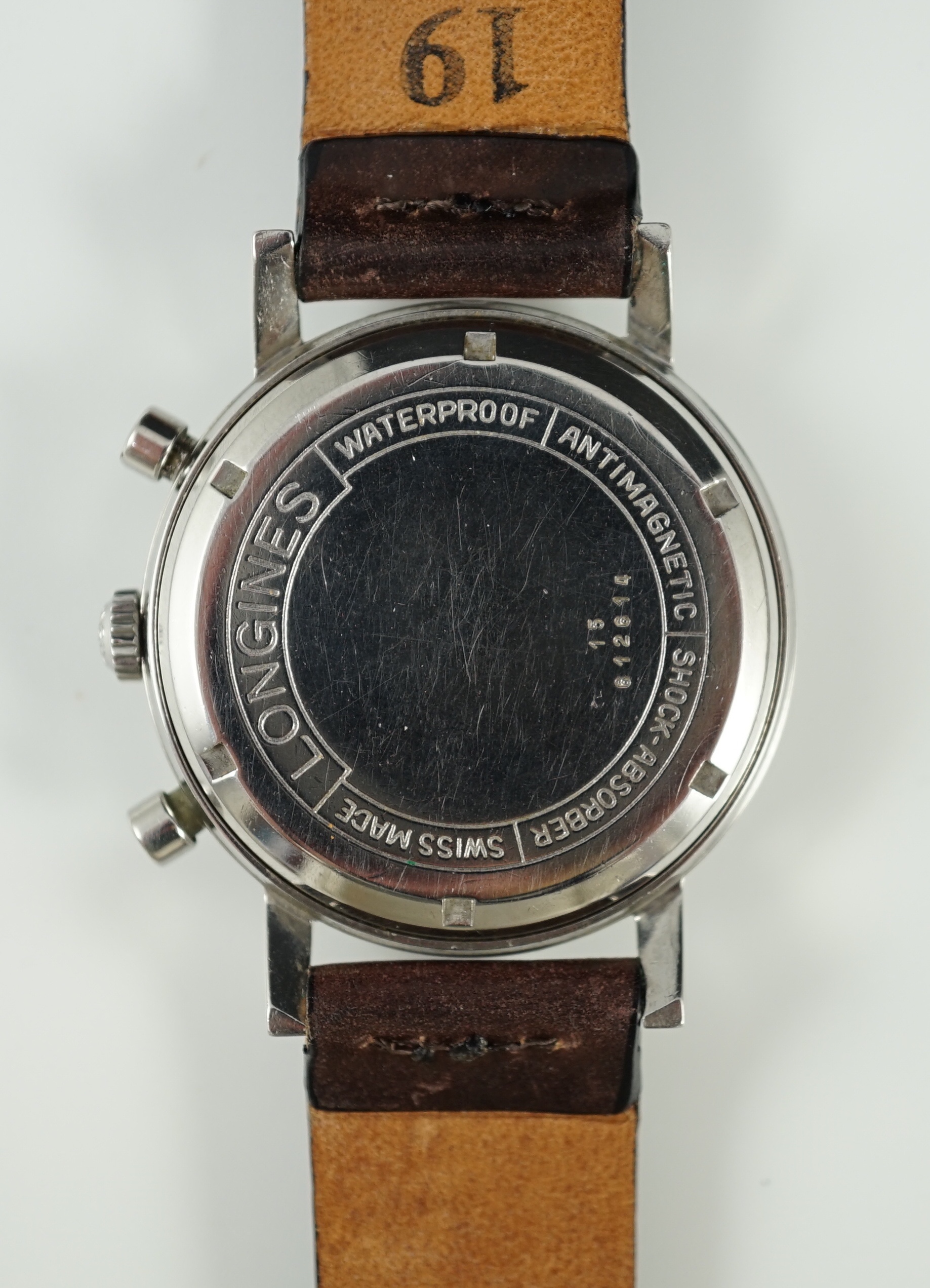 A gentleman's rare late 1960's stainless steel Longines Flyback manual wind chronograph wrist watch, ref. 7413, serial number 15,612,614, movement c.530 (also called 30CH)